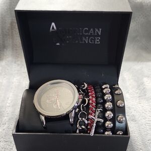 American Exchange Black and Silver Watch with Red Accents